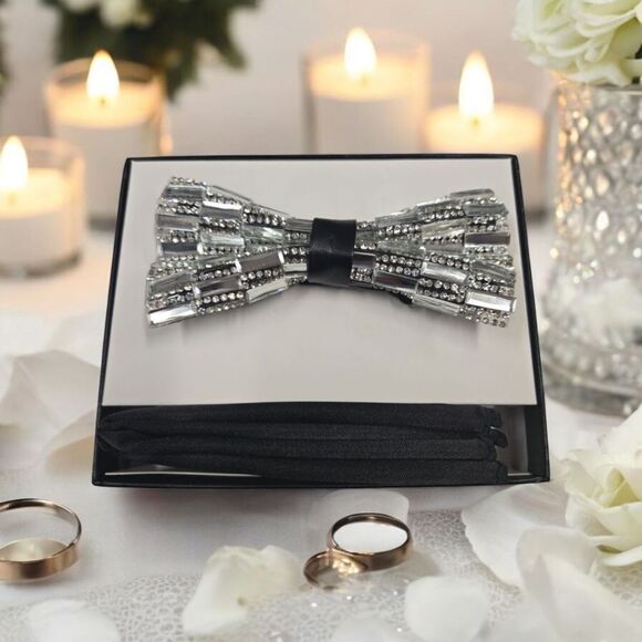 MEN'S SILVER BLK GLITTER RHINESTONE  BOW TIE & POCKET SQUARE BY EJ SAMUEL SBT22. - Picture 1 of 3